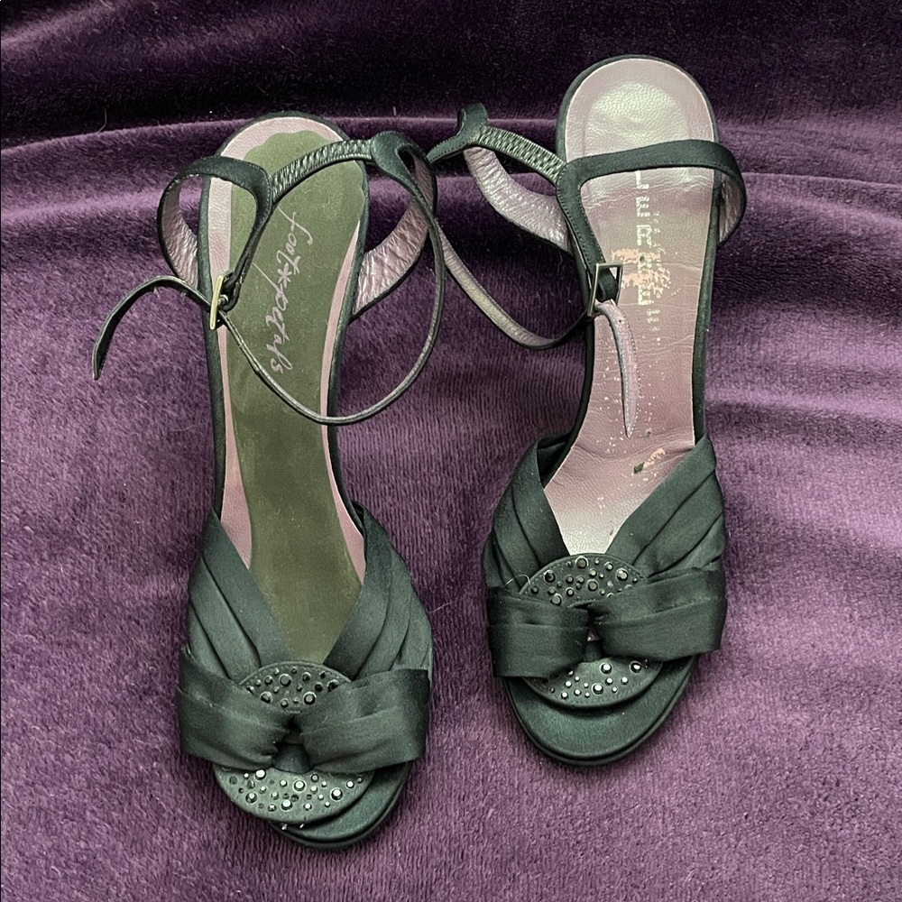 Vintage Lerre Italy Black Satin Open Toe Ankle Strap High Heels Sz 38